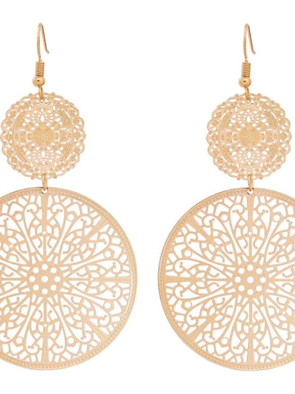 Filigree Disc Drop Earrings Double Round Disc Statement Earrings Metallic Brass